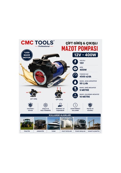 Cmc 3/4 Inc Dıştan Çekme Çift Giriş Çıkışlı Mazot Aktarım Pompası 12 V-400 Watt