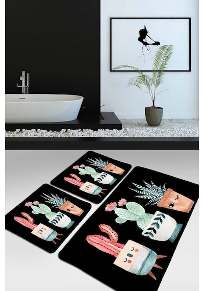 Happy Cactus Djt Siyah 3 Lü Set Banyo Halısı Takımı Çok Renkli