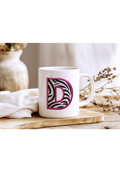D Harfi Zebra Deseni Ve Pembe Kenarlı Kupa Bardak - Kişiye Özel Nakış Efektli - Siyah Beyaz Pembe Beyaz