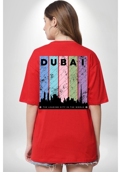 Dubai Şehir Silüeti Renkli Şehir Kırmızı Oversize Unisex Ön Ve Sırt Baskılı Tişört Kırmızı