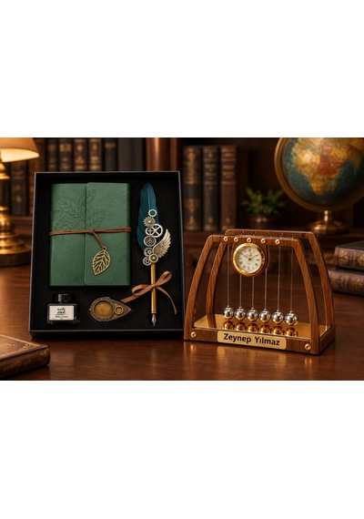 Kişiye Özel İsimli Newton Beşiği Masa Saati Ve Divit Hokka Tüylü Kalemli Defter Seti Şık Dekoratif Hediye Seti 81610757