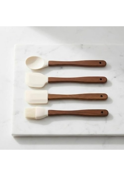 4&apos Lü Mini Akasya Ahşap Saplı Silikon Spatula Seti - 21 Cm Kavanoz Sıyırma, Pasta Süsleme Ve Yumurta Fırçası - Yanmaz Yapışmaz Krem Mutfak Seti 0