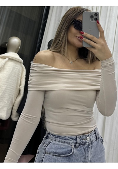 Daves Madonna Yaka Drapeli Uzun Kollu Sandy Body Bluz-taş TAŞ Taş
