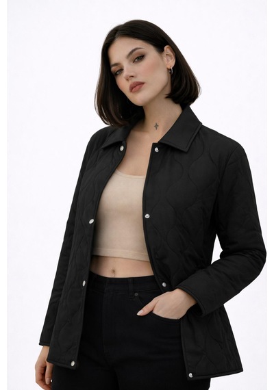 Kadın Desenli Çıtçıtlı Çift Cepli Oversize Kapitone Ceket-391 Siyah