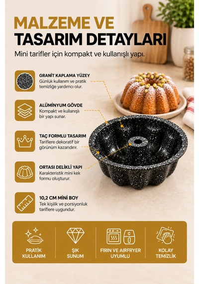 Mini Taç Kek Kalıbı 10 Cm, Granit Kaplamalı Porsiyonluk Tekli Kek Kalıbı Siyah