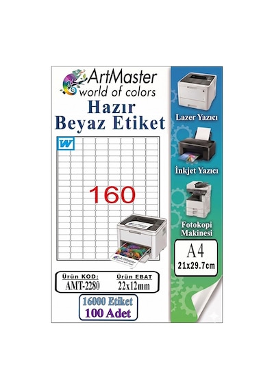 A4 Hazır Beyaz Etiket 22x12mm 100 Sayfa 1 Paket 160 Lı Kendinden Yapışkanlı Fotokopi Lazer İnkjet Kağıdı Yazıcılar İçin