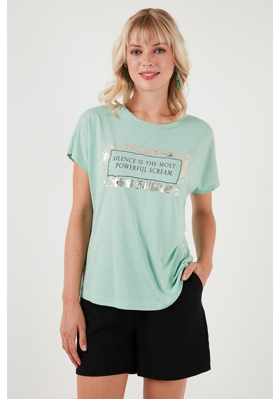 Lela Baskılı Bisiklet Yaka Regular Fit Bayan T Shirt 6671007 Mint