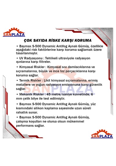 Baymax S-500 Dinamik Antifog Gümüş Aynalı Buğu Yapmayan Toz Çapak Koruyucu İş Güvenlik Gözlüğü