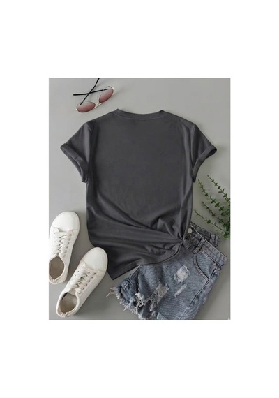 Kadın Time To Travel Baskılı %100 Pamuklu T-shirt Gri