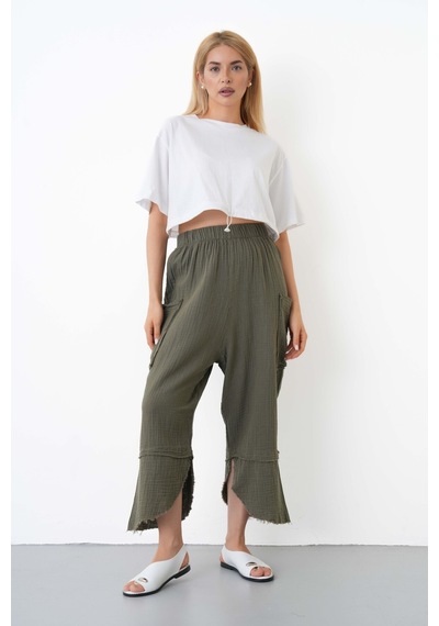 The Voler %100 Pamuk Müslin Şalvar Pantolon Kadın Yüksek Bel Oversize Rahat Kesim Cepli Siyah Yazlık Pantolon Haki The Voler %100 Pamuk Müslin Şalvar Pantolon Kadın Yüksek Bel Oversize Rahat Kesim Cepli Siyah Yazlık Pantolon Haki