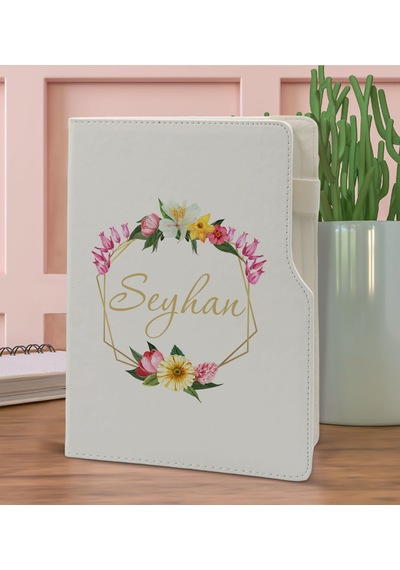 Bk Gift Kişiye Özel Çiçek Tasarımlı Beyaz Termo Deri Not Defteri 15x21cm-9
