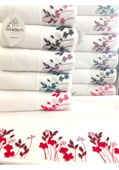 6.lı Set Annem 50x90 Cm. Özel Tafting Nakışlı Kadife Doku Çeyizlik Lüks Havlu Seti Beyaz Beyazdal Beyaz