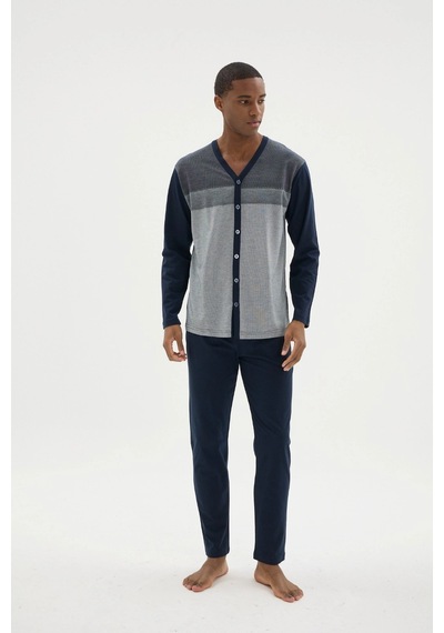 Modadua Kocabey Dm-26104 V Yaka Boydan Düğmeli Pijama Takımı Lacivert