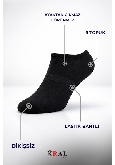 Kral Socks Erkek Snikers 6 Çift Bambu Dikişsiz Hassas Dokuma Terletmez Bambu Çorap Siyah