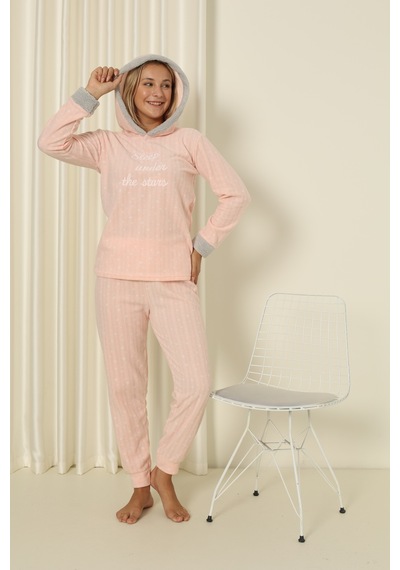 Wordex Fawn 3900 Peluş Welsoft Polar Kışlık Kapşonlu Kadın Pijama Takımı Soft Pembe