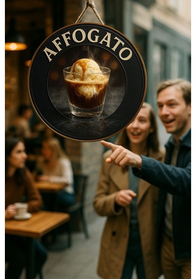 Affogato Temalı Yuvarlak Cafe Tabelası, Jüt İpli Ahşap Duvar & Kapı Dekoru, Barista Tarzı Süs