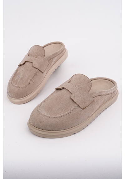 Muggo Vintage Süet Deri Günlük Rahat Önü Kapalı Kadın Loafer Terlik Bej