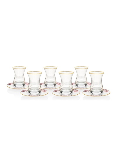 Mercan Kırmızı 18 Parça Çay + Mırra Set Hediye Kutulu Beyaz - Mavi