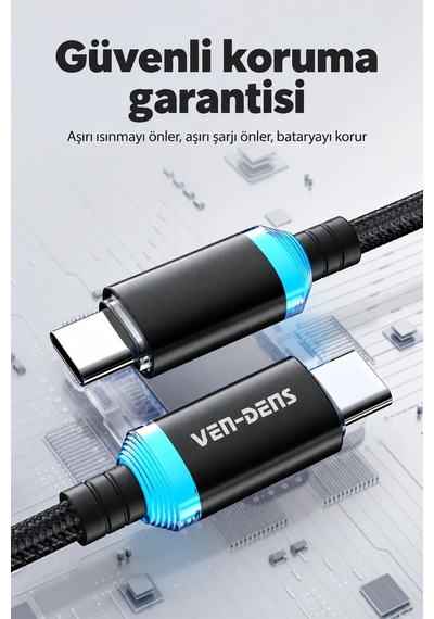 Ven-dens Vd-dc04cc 60 W Pd Type-c To Type-c Hızlı Şarj Ve Veri Kablosu, 1 Metre, Naylon Örgü, Siyah