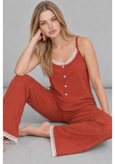 Kadın Dantelli V Yaka Kırmızı Pijama Takımı 4744