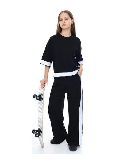 Kız Çocuk %100 Pamuk Oversize Yarım Kol Alt-üst Eşofman Takım-eşt-0013 Siyah