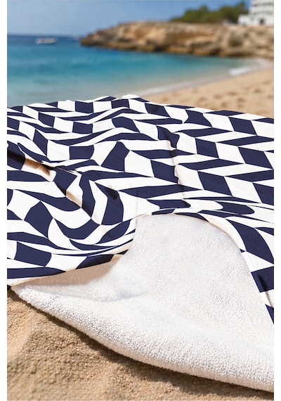 Zikzak Geometrik Lacivert Beyaz Plaj Havlusu - Modern Marine Chevron Hızlı Kuruyan Mikrofiber Havlu Sakin Melon