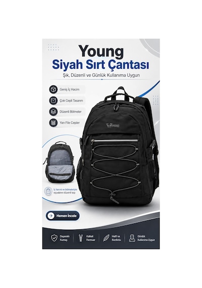 Kaff Young 51537 Black Siyah Unisex Çok Cepli Suya Dayanıklı Sırt Çantası