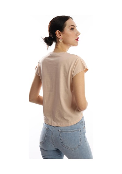 Kadın Pars Desen Baskılı Crop Tişört Bej