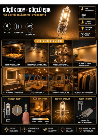 1 Adet Osaka 12volt 20w Sarı Işık G4 Duylu Dim Edilebilir Halojen Kapsül Ampul
