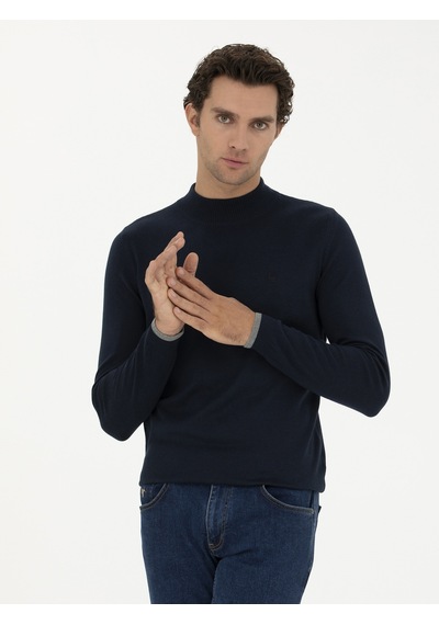Cacharel Lacivert Slim Fit Pamuk Karışımlı Yarım Balıkçı Basic Triko Kazak