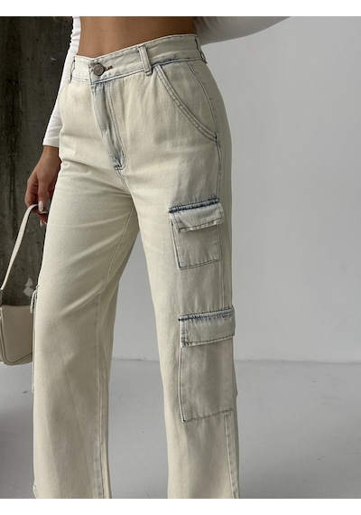 Blue Marlın Kadin Kargo Cepli Tintli Buz Kar Bol Paça Kot Jeans Krem