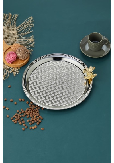 Cooker Kelebekli Yuvarlak Sunum Tepsisi 25 Cm Gümüş