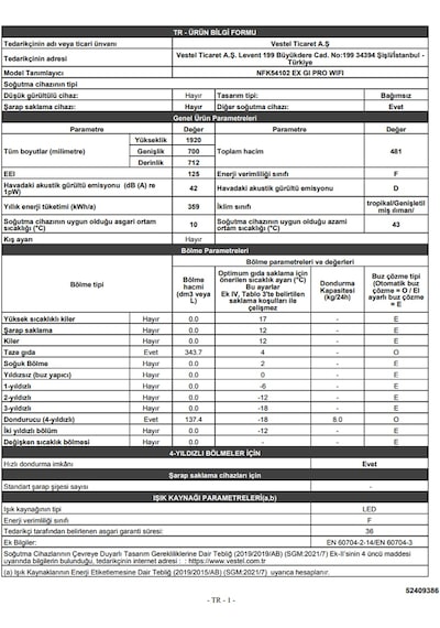 Vestel NFK54102 EX GI PRO WIFI 481 LT No-Frost Kombi Tipi Buzdolabı