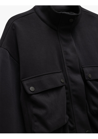 Koton Kolej Bomber Ceket Crop Kalın Modal Kumaş Düğmeli Cep Detaylı Siyah 5wak10096nk