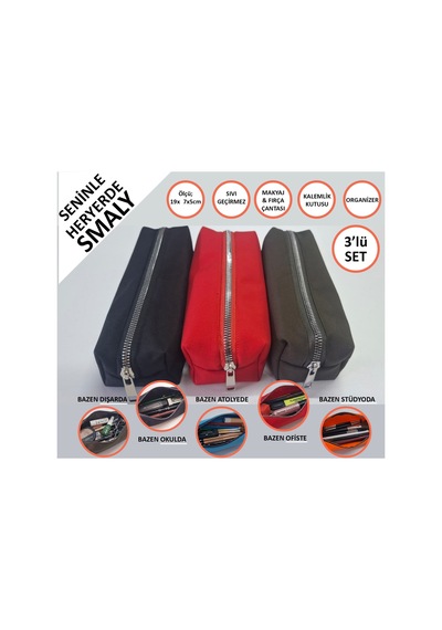 Kalemlik 3lü Set/paket Organizer Makyaj Çok Amaçlı Pinterest Okula Dönüş Çantası Tek Bölmeli Siyah+kırmızı+haki