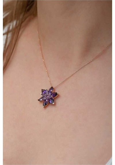 Gümüş Rose Mor Lotus Çiçeği Kolye Gümüş Gümüş