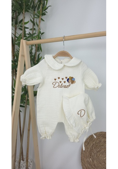Gros Shop Müslin Yeni Doğan 4katlı Organik %100pamuk Kişiye Özgü Nakışlı Hastane Çıkış Seti Çoklu Balon Ekru