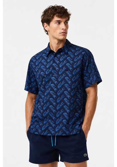 Lacoste Men's Relaxed Fit Navy Shirt Bol Kesim Erkek Kısa Kol Gömlek Lacivert