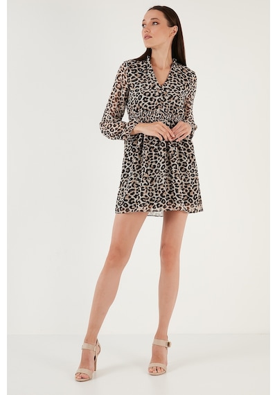 Lela V Yaka Regular Fit Gipeli Düğme Detaylı Şifon Mini Bayan Elbise 611El01433 Leopar