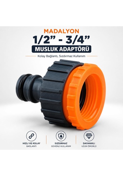 Bahçe Çeşme Musluk Bağlantı Adaptörü Aparatı 1/2'' - 3/4'' Musluk Adaptörü Hortum Bağlantı Eki 50 X 50 X 50 Milimetre