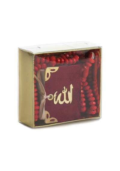 Kadife Kaplı Mini Kuran Kutulu - Tesbihli - Bordo