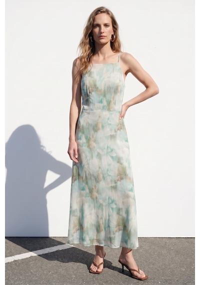 Sateen Çiçek Desenli Askılı Uzun Elbise - Mint-137411