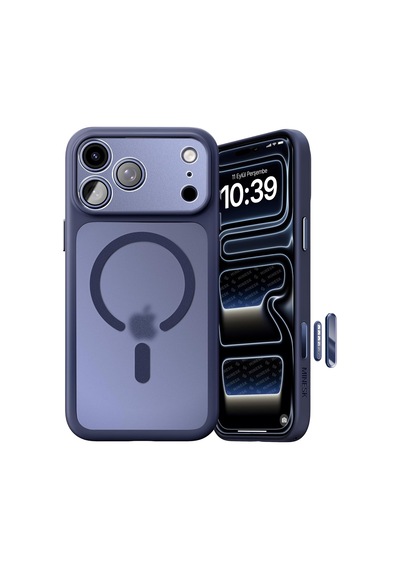 İphone 17 Pro Max İçin Magsafe İle Uyumlu Özel Geliştirilmiş Kamera Çerçevesini De Koruyan, Arkası Mat Polikarbonat Kenarları Silikon Akıllı Tasarım Kılıf Mavi, 17 Pro Max