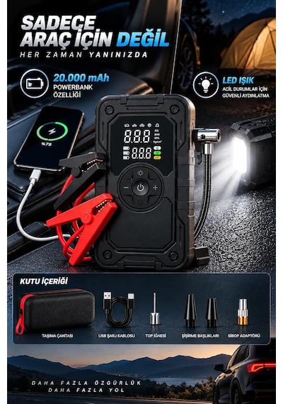 Tr Akü Takviye Cihazı 20000 Mah 2000a Tepe Akımlı, 150 Psı Dijital Hava Kompresörlü Powerbank, Led Işıklı 4'ü