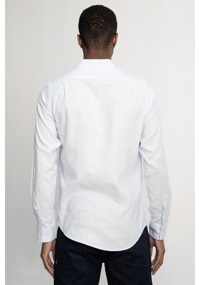 Tudors Slim Fit Uzun Kol Biyeli Yaka Düğmeli Keten Erkek Mavi Gömlek-26922-mavi Mavi