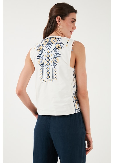 Lela Pamuklu Regular Fit Çiçekli Nakış Işlemeli Bayan Yelek 676293 Ekru