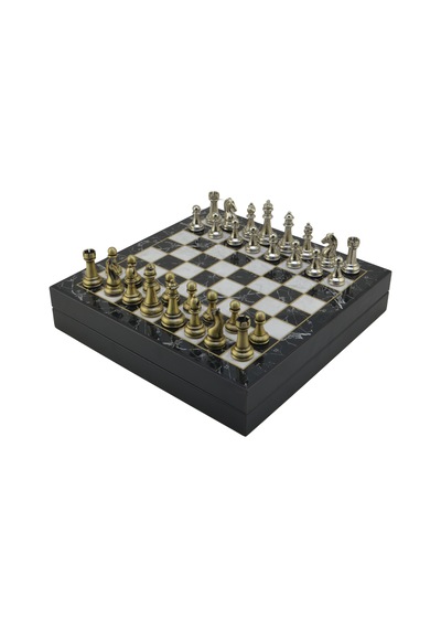 Gifthome Orta Boy Parlak Metal Klasik Satranç Takımı Ve Mermer Desenli Sandıklı Mdf Tahtası 30x30x6 Cm.