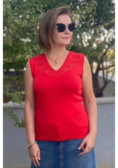 Mia Butik Kadın Lina Kırmızı Merserize Kolsuz Bluz Kırmızı