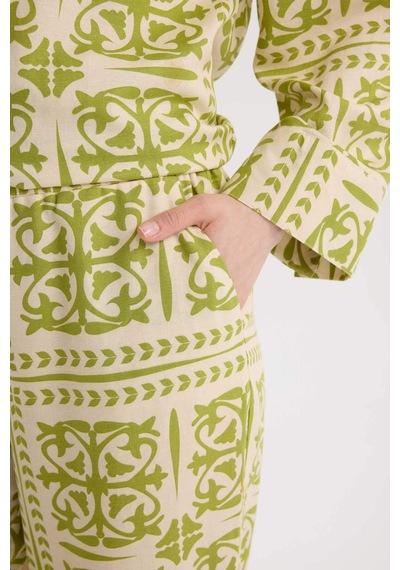 DeFacto Wide Leg Desenli Esnek Belli Keten Karışımlı Geniş Paça Pantolon D8188AX25SPGN698