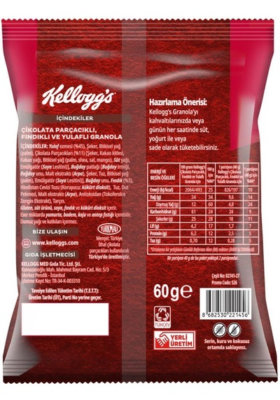 Kellogg's Çikolata Parçacıklı Fındıklı Granola 10 x 60 G